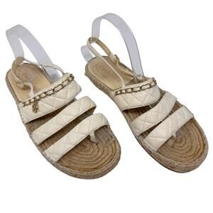 Chanel Quilted Leather Espadrille Sandals Gold Chain CC Charm Size 40